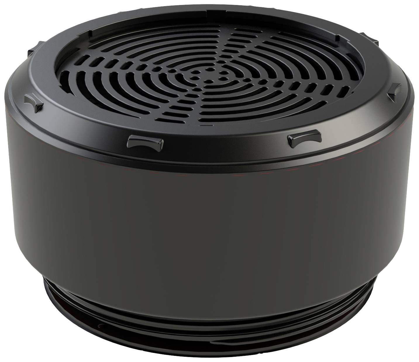 Un ventilateur noir, rond, avec une grille de protection, probablement un composant d'un appareil électronique ou d'une unité de ventilation.