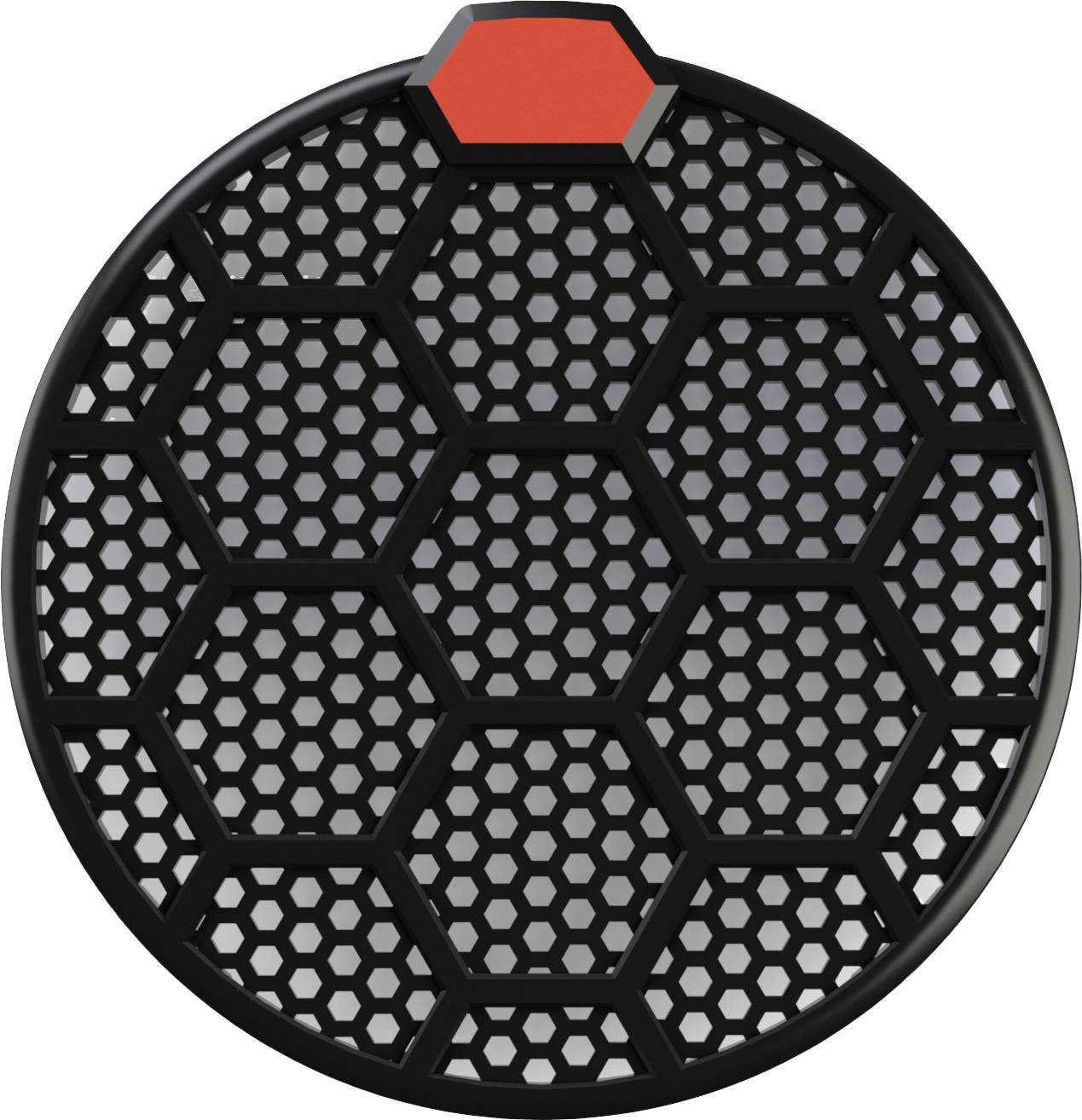 Grille ronde composée de nids d'abeilles hexagonaux noirs. Un hexagone rouge marqué en haut.