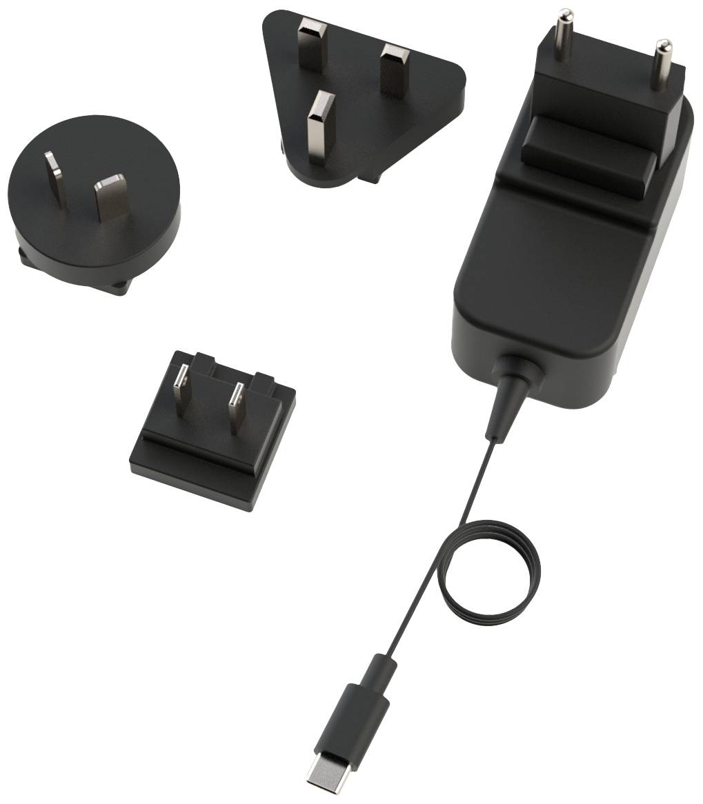 Un bloc d'alimentation noir avec des fiches interchangeables pour différents types de prises et un câble de connexion USB-C.