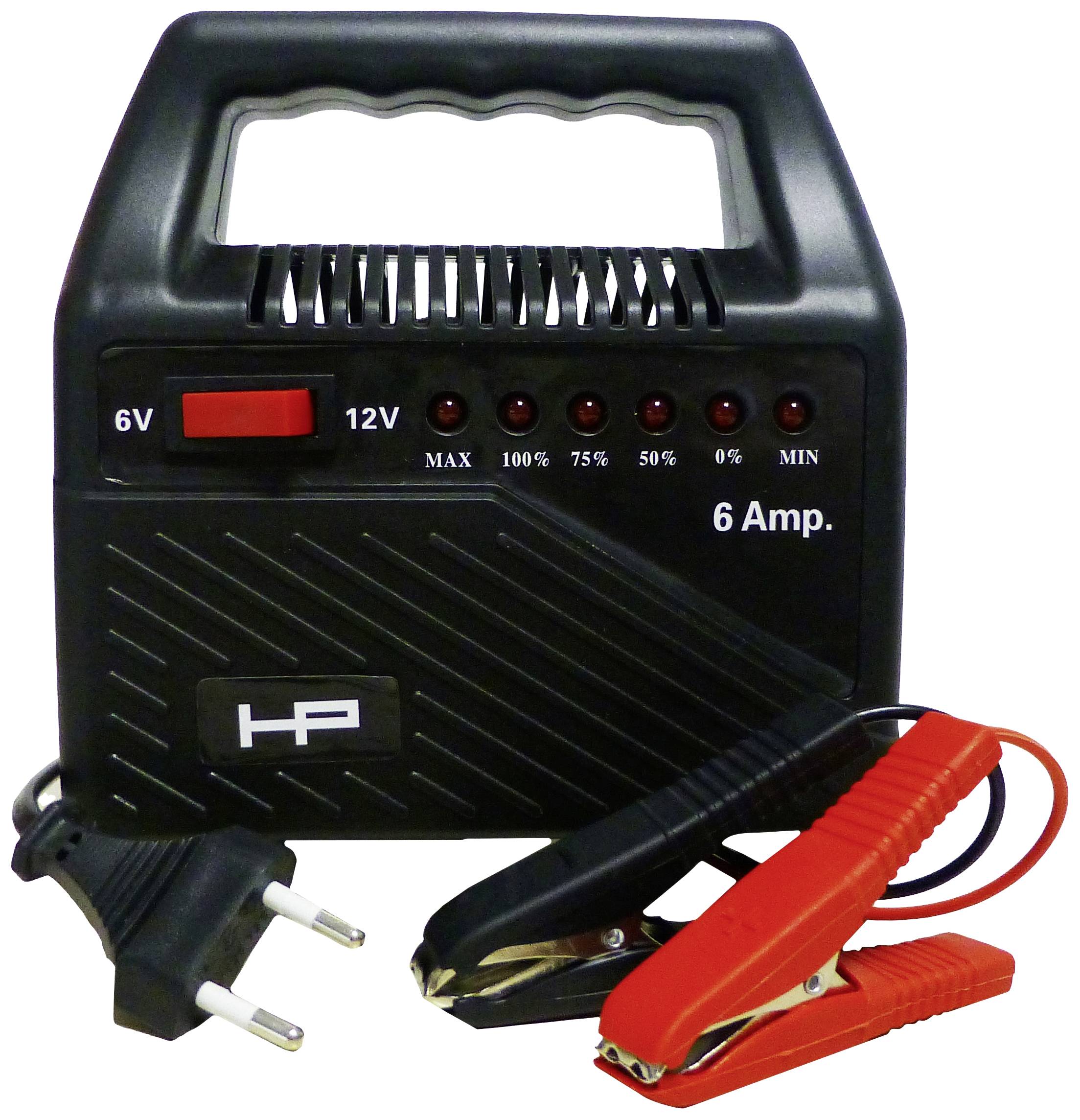 Chargeur de batterie noir de 6 ampères, avec interrupteur à bascule pour 6V et 12V, voyants LED d'état de charge, câbles avec fiche européenne et pinces.