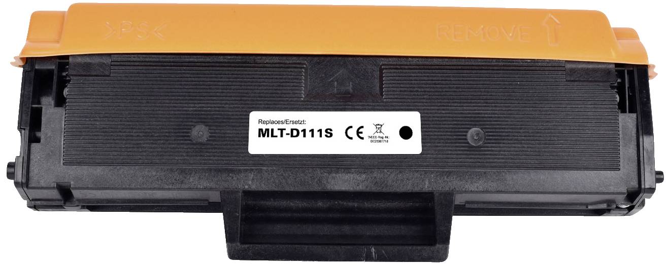 Cartouche de toner noir et blanc avec couvercle orange, modèle MLT-D111S, compatible avec certains modèles d'imprimantes.