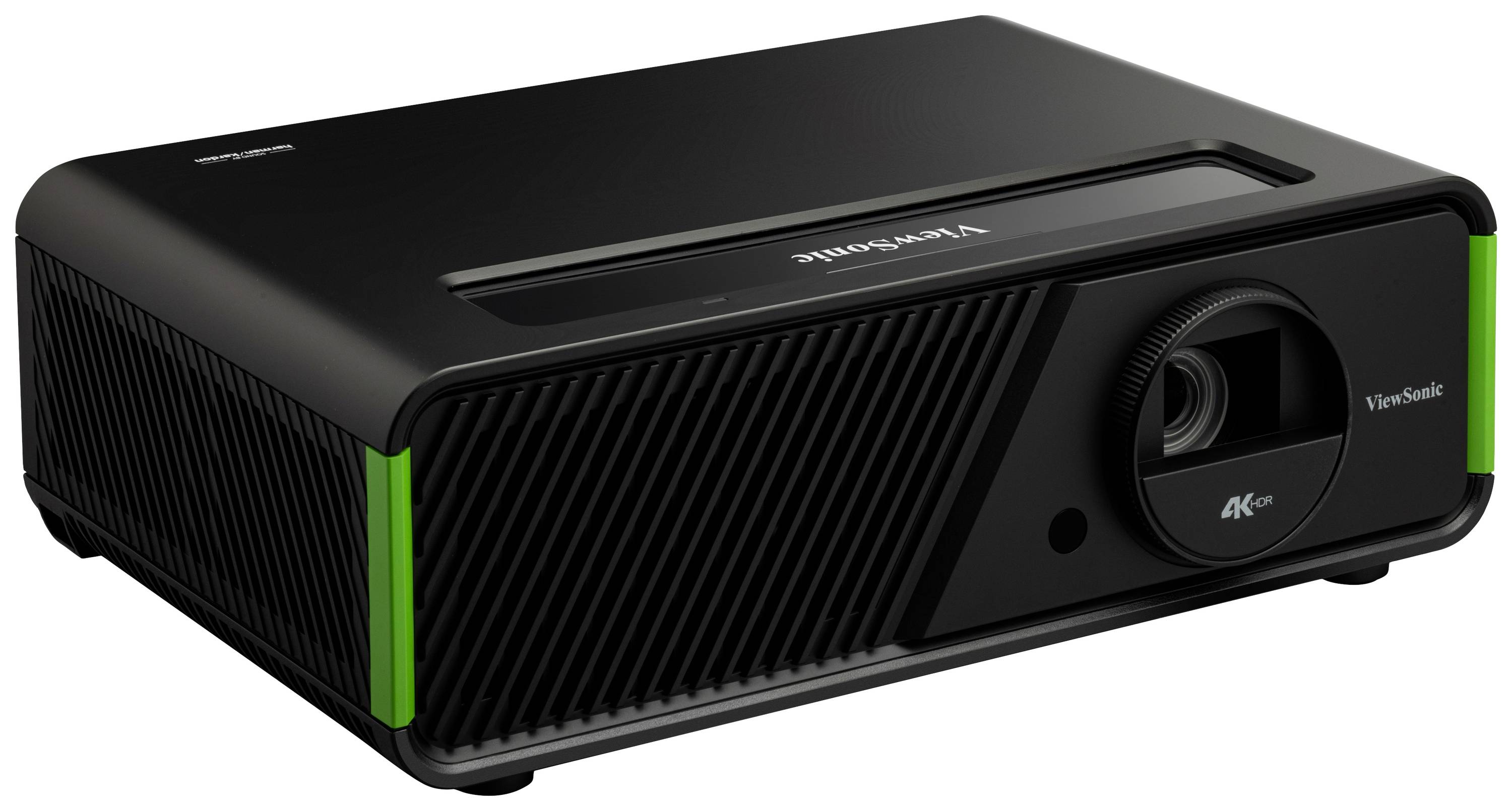 Un projecteur noir avec un accent vert et l'inscription '4K' sur l'objectif, de la marque ViewSonic.