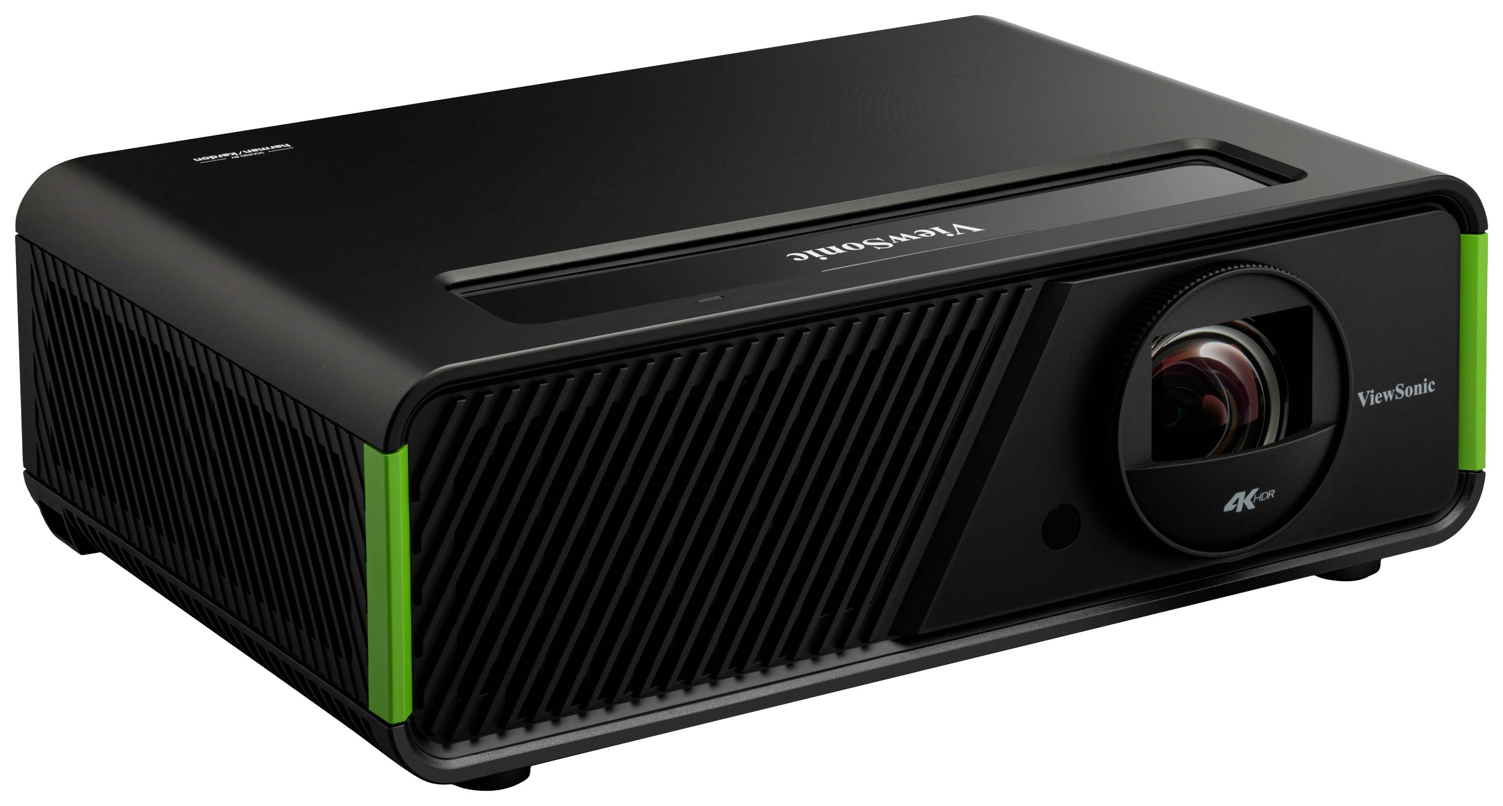 Projecteur de cinéma maison noir avec objectif à droite, logo de marque sur le dessus, accents verts sur les bords avant.