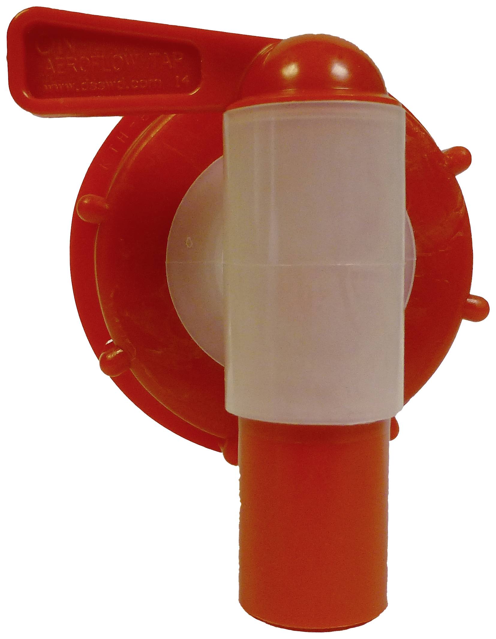 Robinet en plastique rouge avec une poignée cylindrique verticale et un levier horizontal pour le débit de liquide.