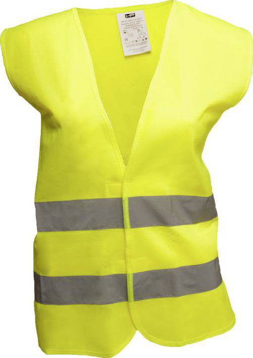 Gilet de sécurité jaune avec deux bandes réfléchissantes horizontales.