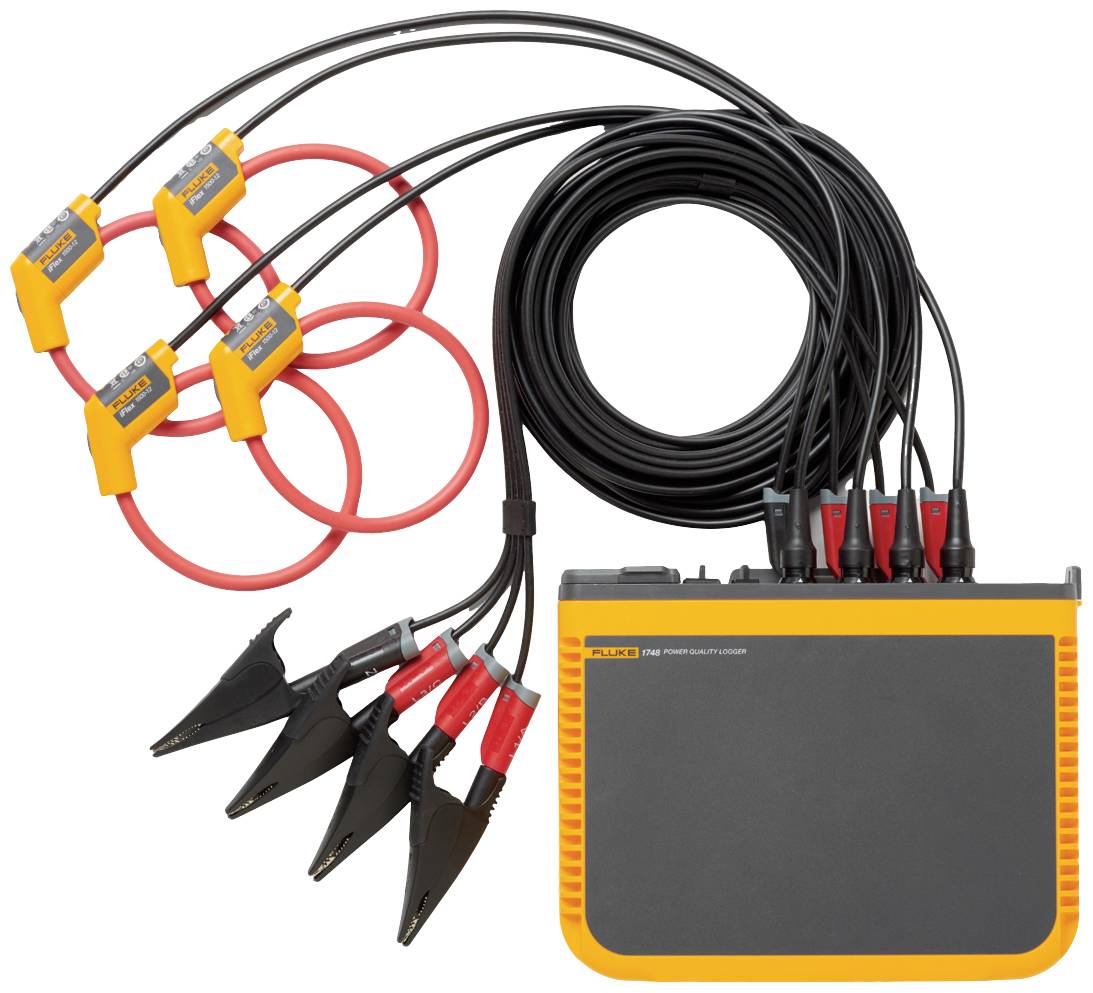 Appareil de mesure multifonctionnel avec plusieurs câbles et pinces, destiné à la capture des paramètres électriques. Appareil principal en noir et orange, relié par des boucles rouges.