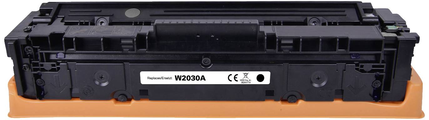 Un toner noir portant l'inscription 'W2030A', destiné au remplacement des produits HP. Compatible et certifié CE.