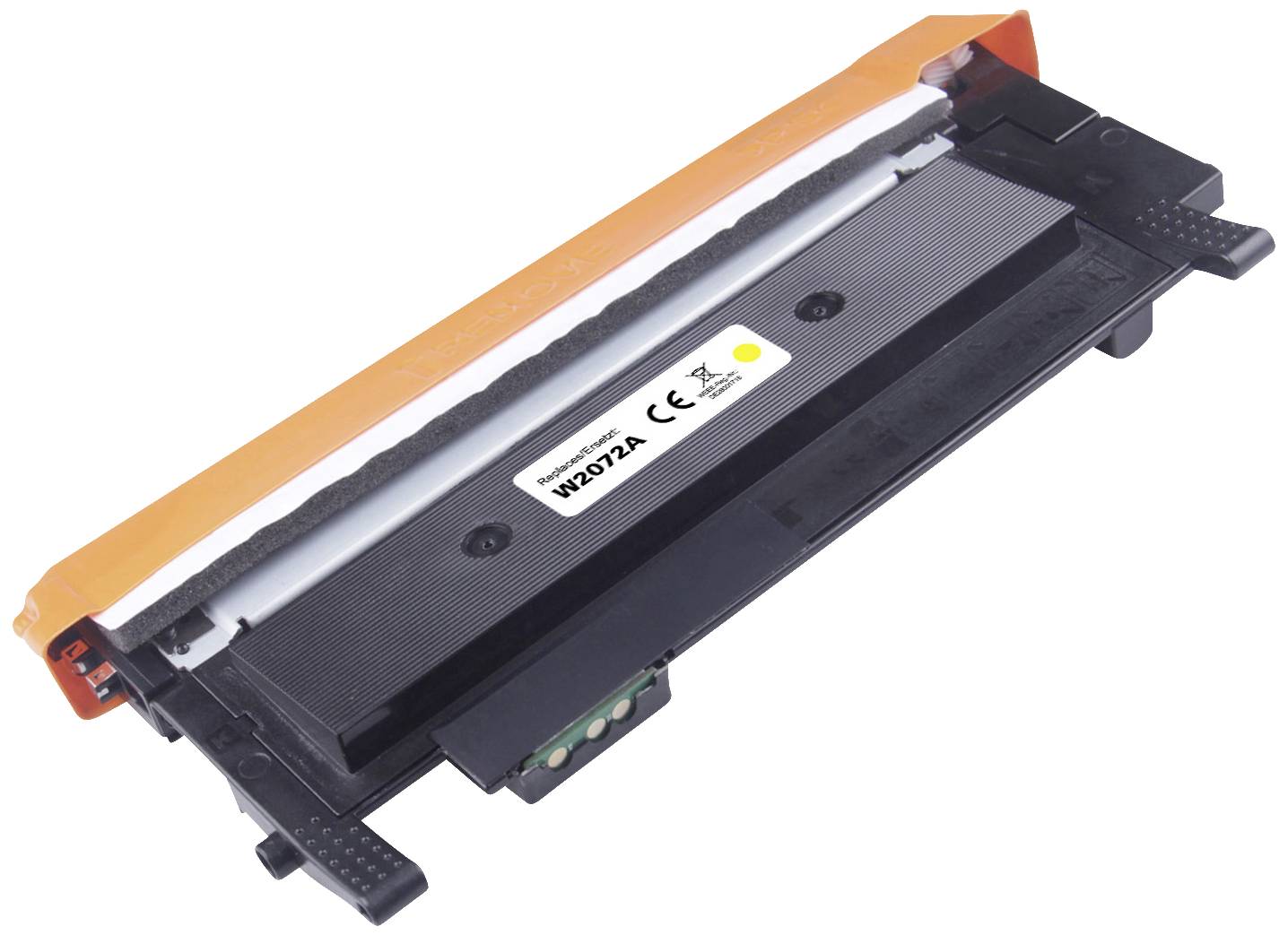Une cartouche de toner d'imprimante noire avec un point jaune et le code « W2212A ». Une poignée orange en haut.