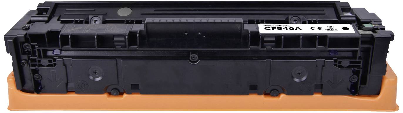 Une cartouche de toner d'imprimante noire, rectangulaire, avec une protection en plastique orange à sa base.