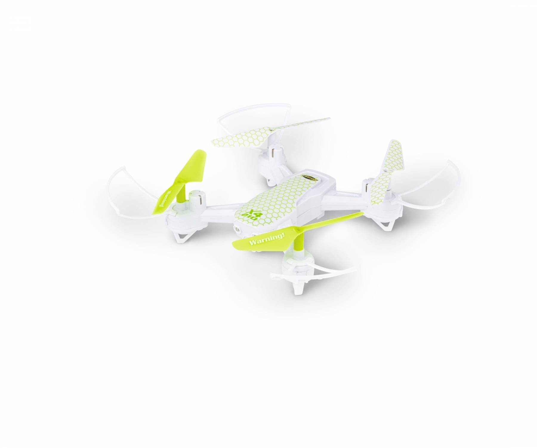 Un petit drone blanc avec des éléments verts. Il possède quatre rotors et est adapté à une utilisation en intérieur.