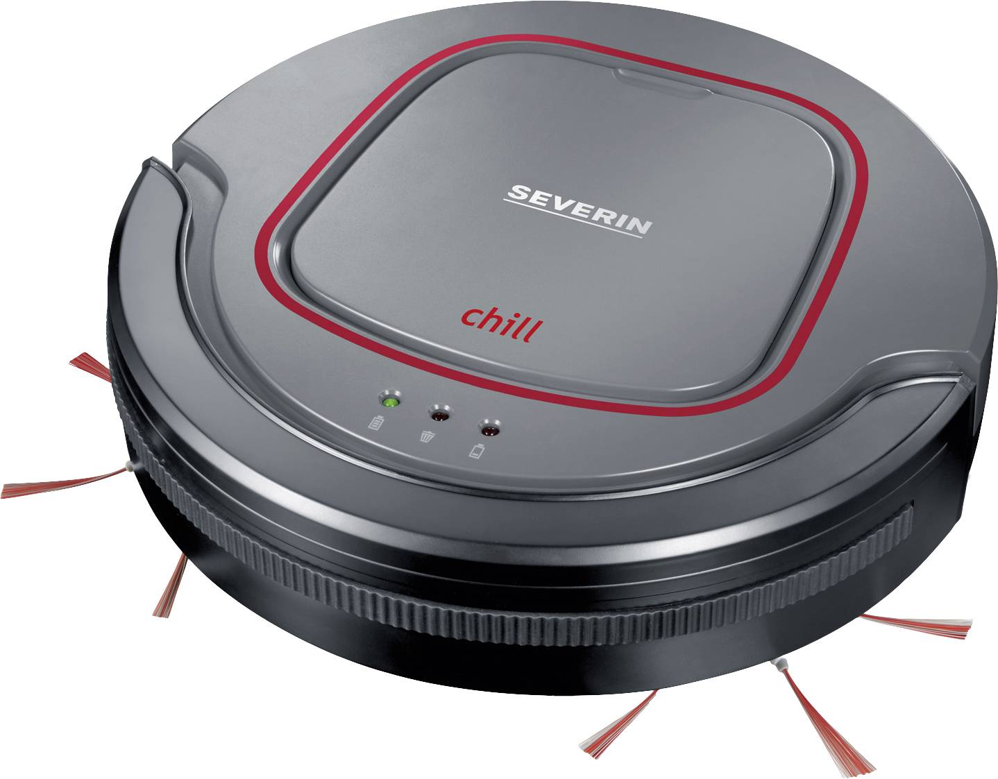 Un robot aspirateur noir et rond avec des accents rouges et l'inscription 'Severin chill', quelques brosses sont visibles.