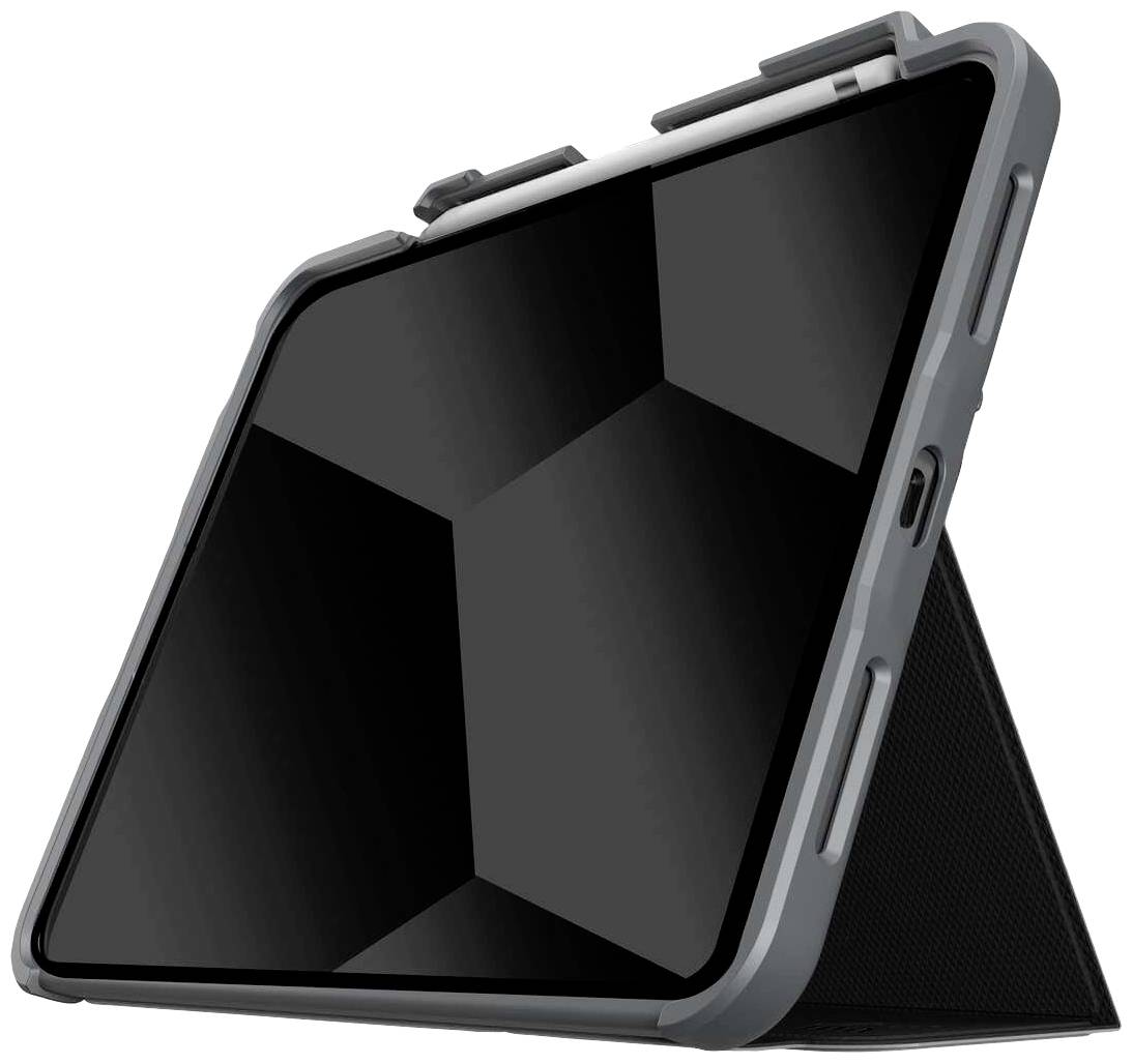 Une tablette dans un étui de protection est présentée en mode support, retournée. L'étui a un bord gris. L'écran est noir.