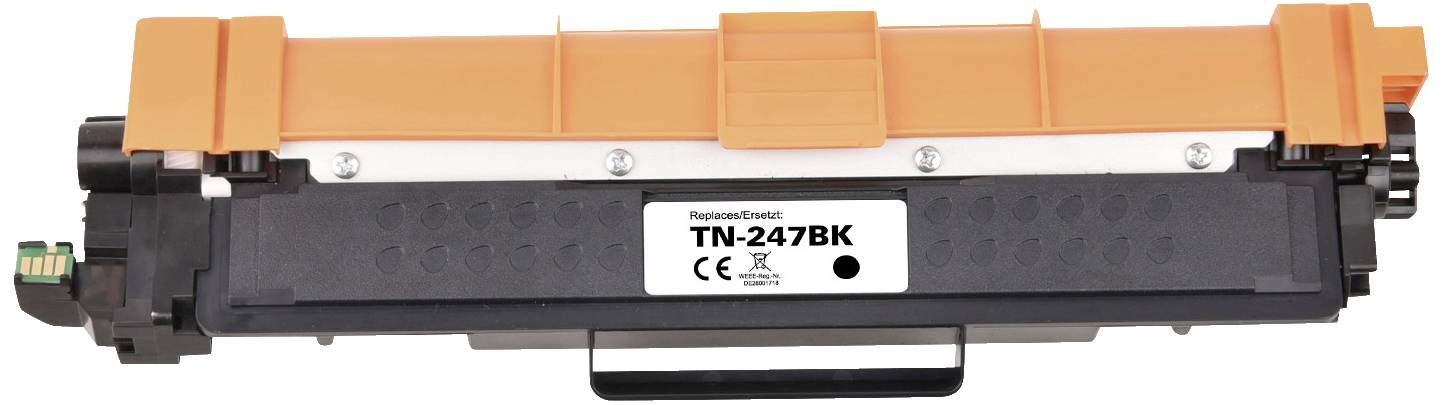 Cartouche de toner noir 'TN-247BK' avec capuchon de protection orange, compatible avec les imprimantes. Marquages de certification visibles.