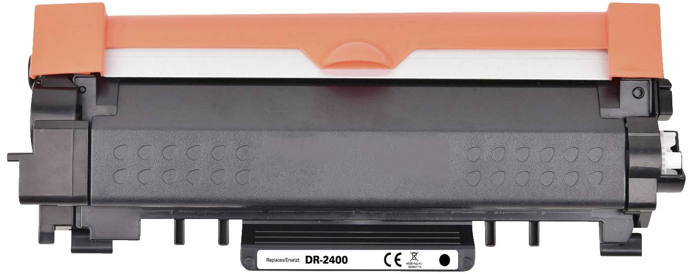 Image d'une unité de tambour Brother DR-2400, principalement en noir et orange. Elle est utilisée pour le remplacement dans les imprimantes.