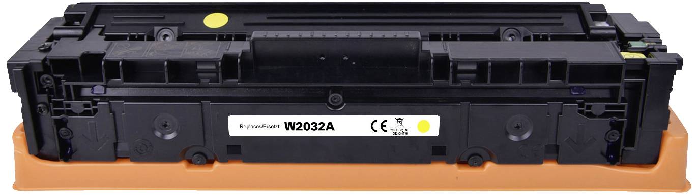 Cartouche de toner noir W2032A pour imprimante, certifiée CE, sur fond blanc.