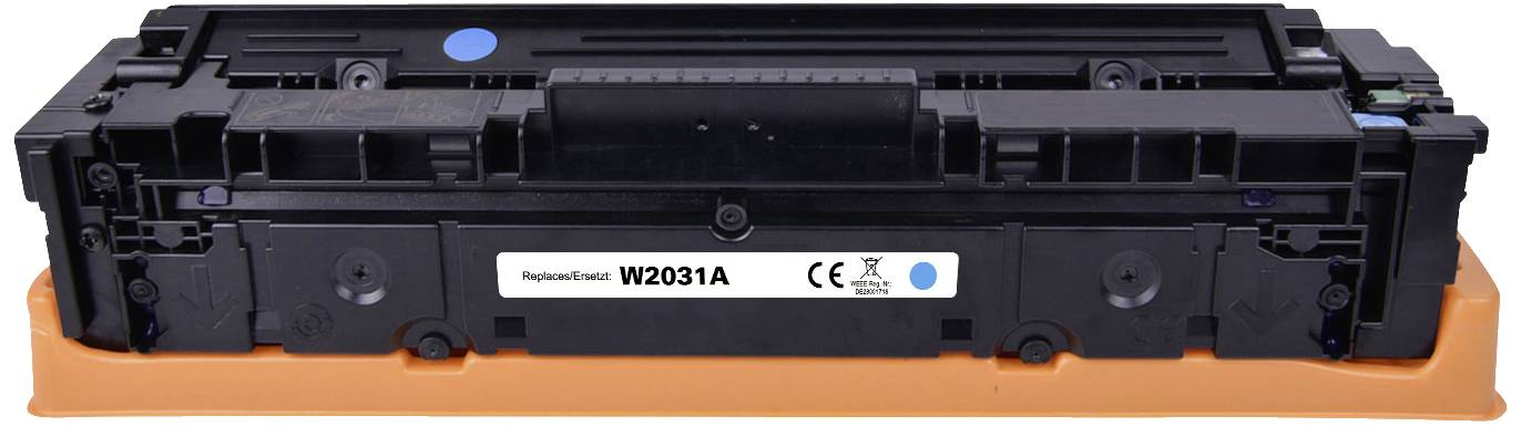 Cartouche de toner modèle W2031A dans un support orange et blanc, compatible avec certains modèles d'imprimantes.