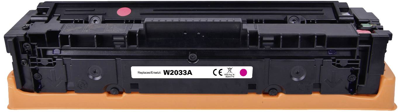 Cartouche de toner noir pour imprimante, modèle W2033A, avec marquage CE et point rouge en haut à gauche comme indication.