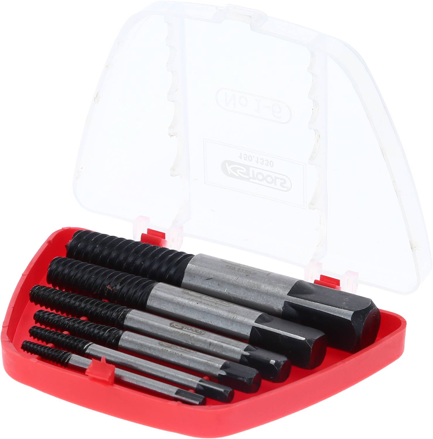 Un étui en plastique rouge contenant six tarauds métalliques de différentes tailles, l'étui ouvert révèle les outils.