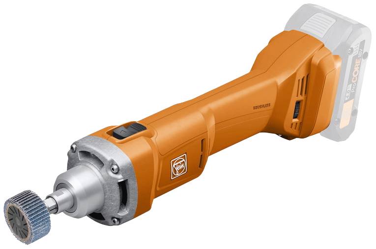 Meuleuse d'angle sans fil avec poignée orange, tête de meulage fine et batterie interchangeable.