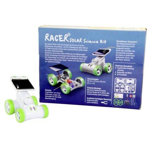 Une boîte portant l'inscription 'Racer Solar Science Kit' présente un véhicule solaire illustré. Le kit contient des pièces pour construire une voiture fonctionnant à l'énergie solaire.