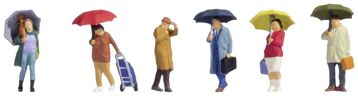 Six personnages avec des parapluies colorés, dont deux hommes en costume, une femme avec une valise et une personne tenant un téléphone portable, sont alignés.