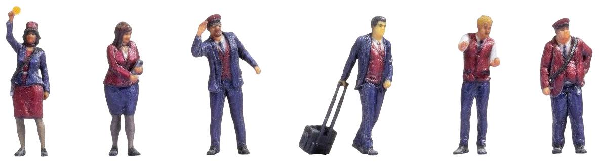 Six figurines miniatures en uniformes bleu et rouge, dont deux femmes et quatre hommes. Une figurine tire une valise à roulettes derrière elle. Tous semblent faire des gestes de salutation.