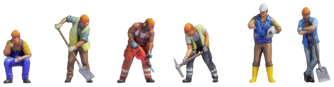 Six mini ouvriers du bâtiment avec des outils dans différentes positions. Ils portent des casques orange et des vêtements de protection.