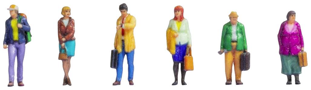Six personnages miniatures colorés alignés, chacun habillé différemment, portant des sacs et des valises à la main.