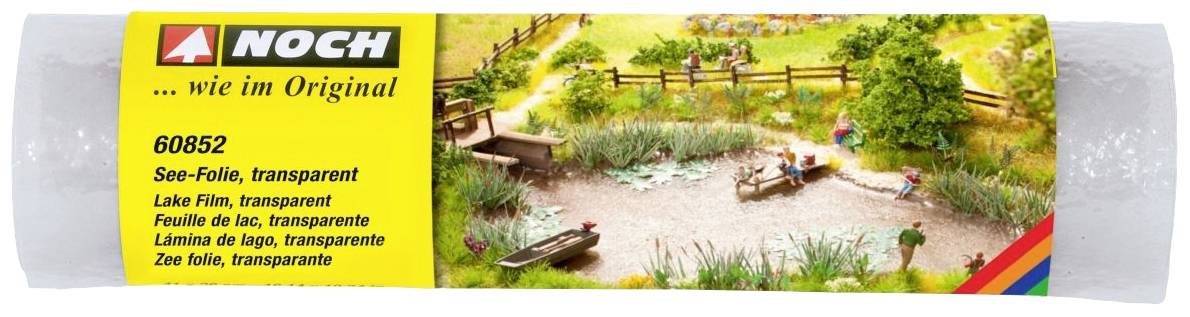 « Toujours ... comme à l'origine » est inscrit sur un emballage présentant un modèle d'une scène de paysage avec des personnes, un étang et des bateaux.