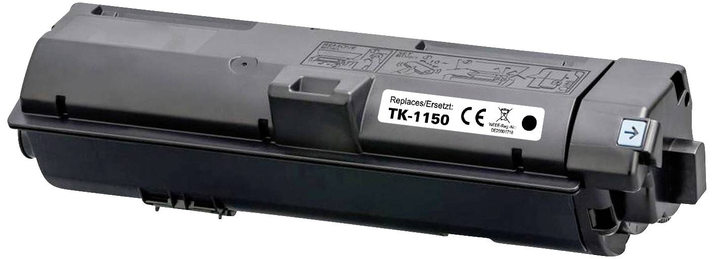 Une cartouche de toner noire TK-1150 sur laquelle sont imprimées des instructions et des informations produit.