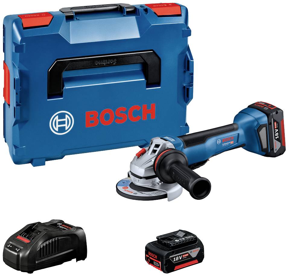 Meuleuse d'angle sans fil Bosch avec batteries et chargeur, présentée devant un coffret de transport bleu portant le logo Bosch.