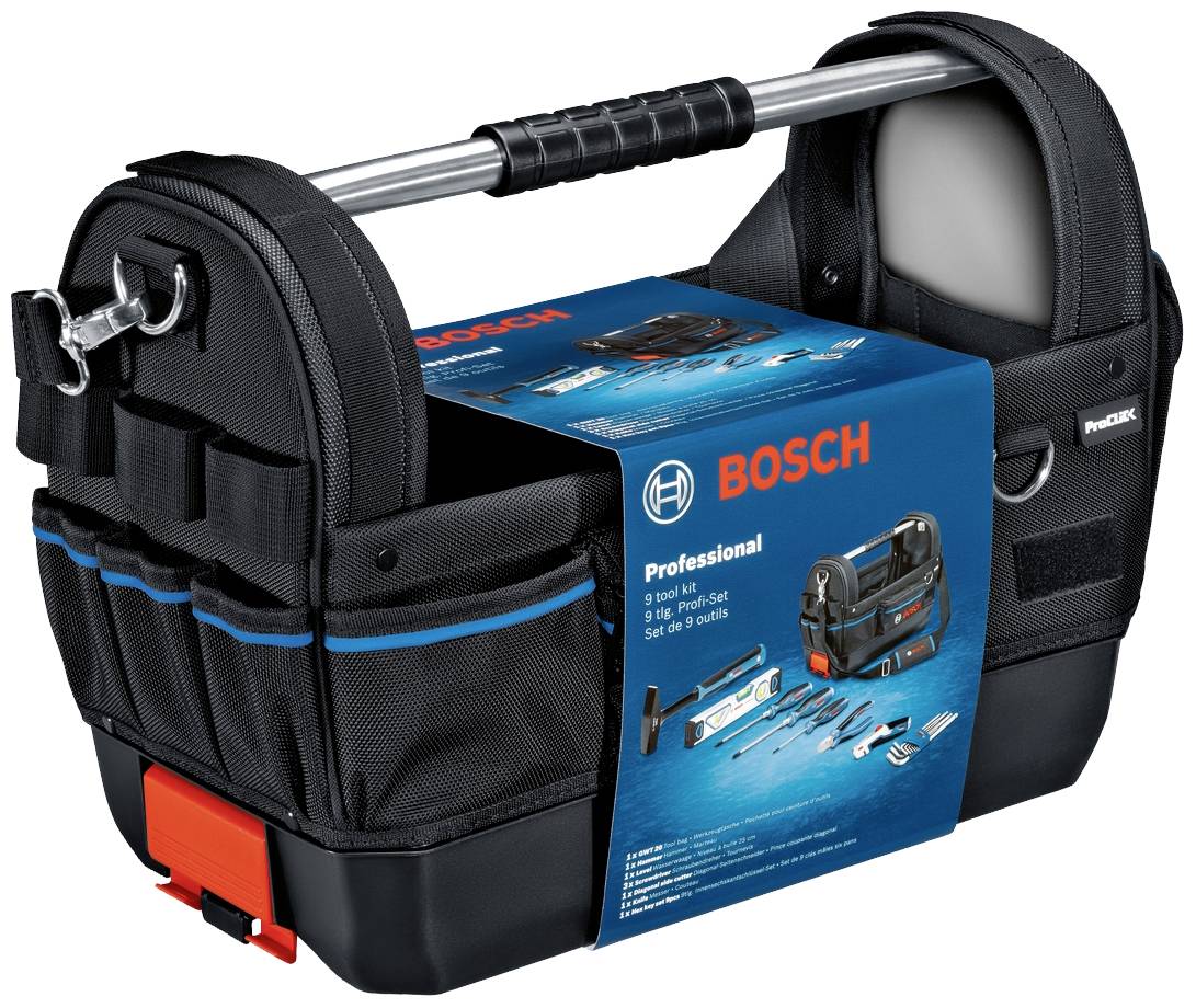 Sac à outils Bosch avec poignée, compartiments latéraux et une étiquette publicitaire présentant divers outils. Idéal pour les professionnels.