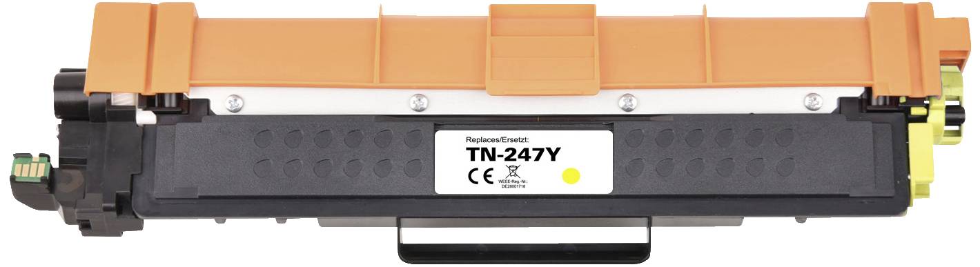 Une cartouche d'encre jaune TN-247Y avec une protection orange et un marquage CE, adaptée à certains modèles d'imprimantes.