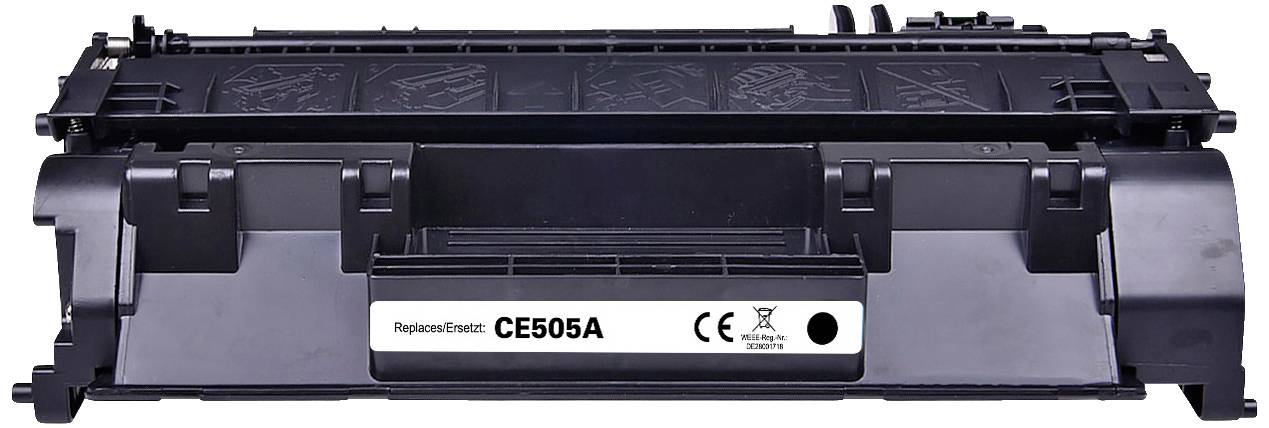 Cartouche d'encre noire avec étiquette 'Replace for CE505A' à l'avant. Contient les symboles CE et de recyclage. Adaptée pour les imprimantes laser.