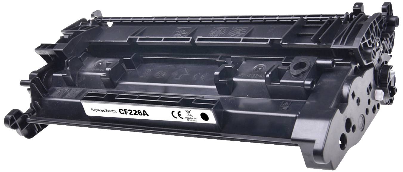 Cartouche de toner noir portant l'inscription « CF226A », compatible avec certains modèles d'imprimantes. Symbole de directive sur les batteries visible.