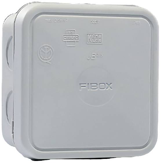 Un boîtier en plastique gris portant l'inscription 'Fibox', adapté pour protéger les connexions électriques. Les certificats et spécifications sont indiqués ci-dessus.