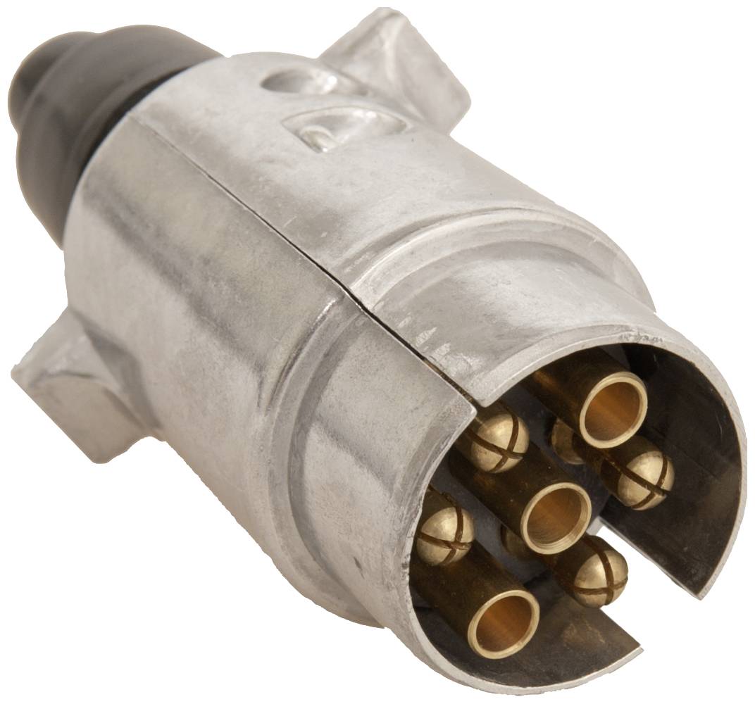Un connecteur cylindrique argenté avec sept broches dorées, utilisé pour les attelages de remorque sur les véhicules.
