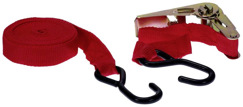 Un ensemble de sangles d'arrimage rouges avec cliquet et crochets, utilisé pour fixer solidement des objets.