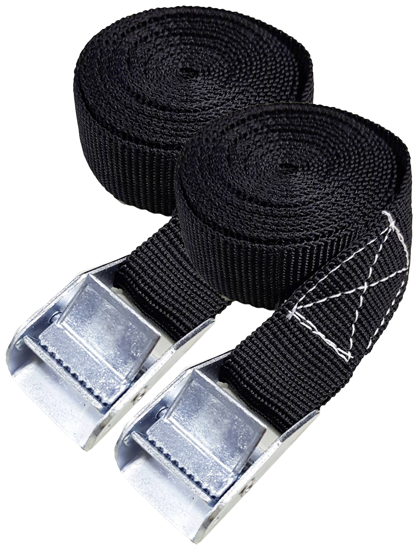 Deux sangles noires avec des boucles en métal argenté. Utilisées pour fixer et sécuriser des objets.