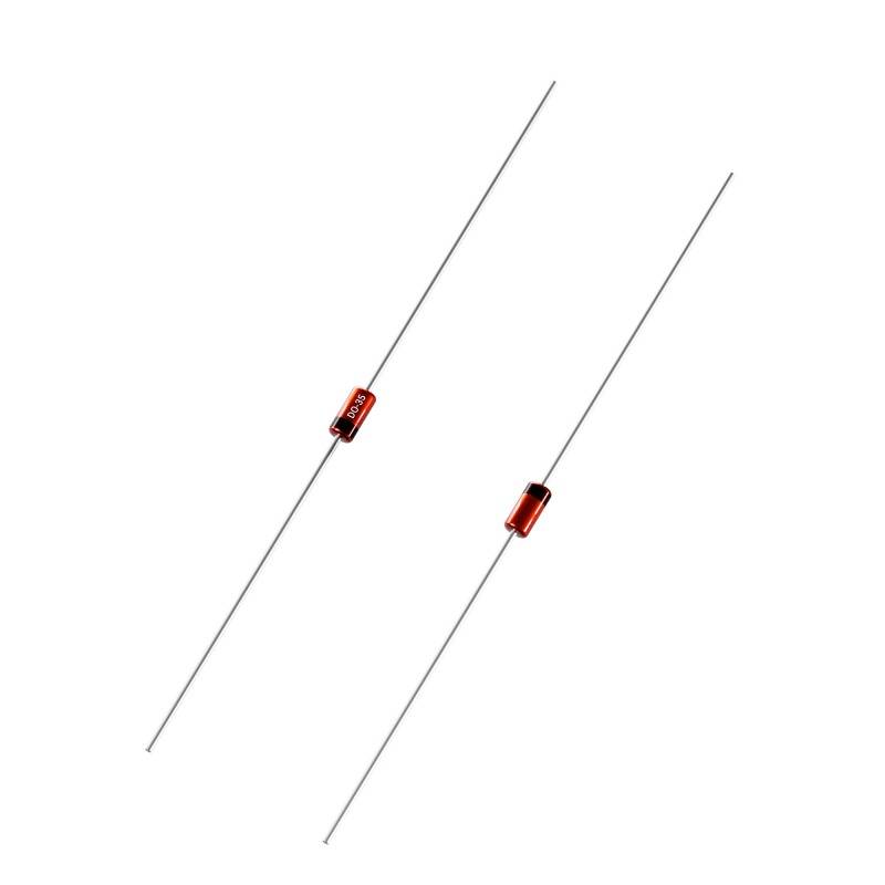 Deux diodes électroniques avec un boîtier noir et rouge, chacune dotée d'une connexion métallique à ses deux extrémités.