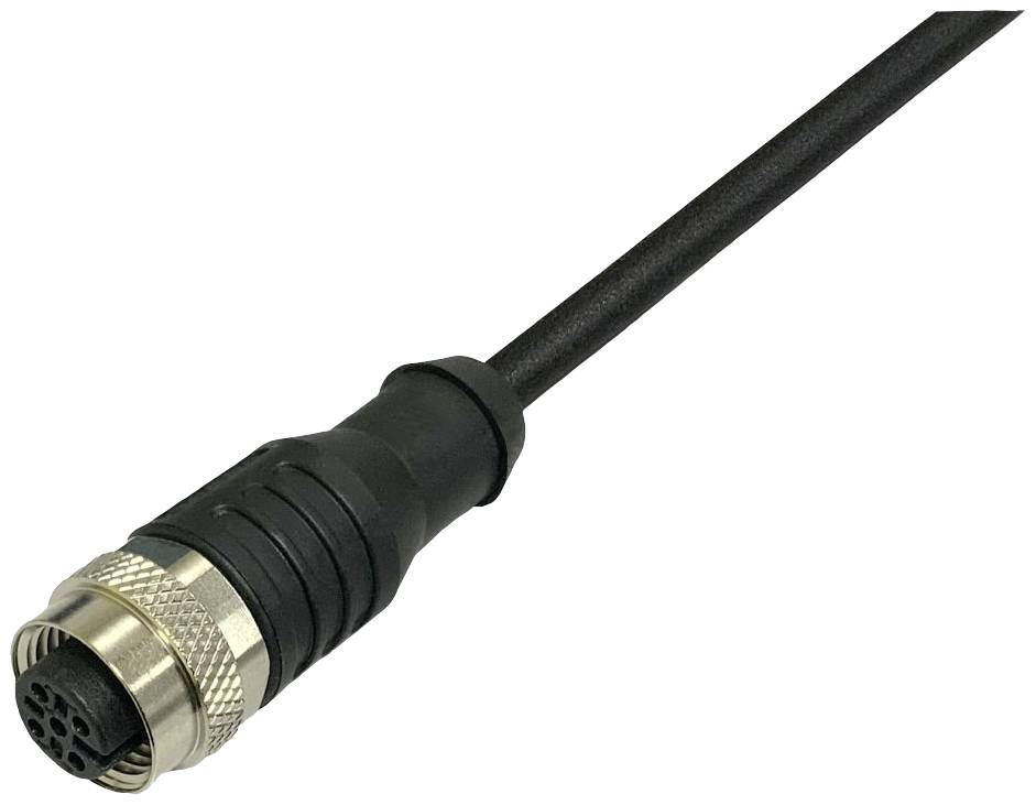 Câble M12 noir avec connecteur métallique rond. Peut être utilisé dans des applications industrielles pour des connexions électriques sécurisées.