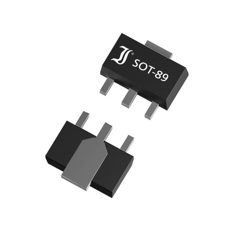Un boîtier de semi-conducteur noir SOT-89 à trois broches, deux en haut et une en bas. Adapté pour les petits circuits électroniques.