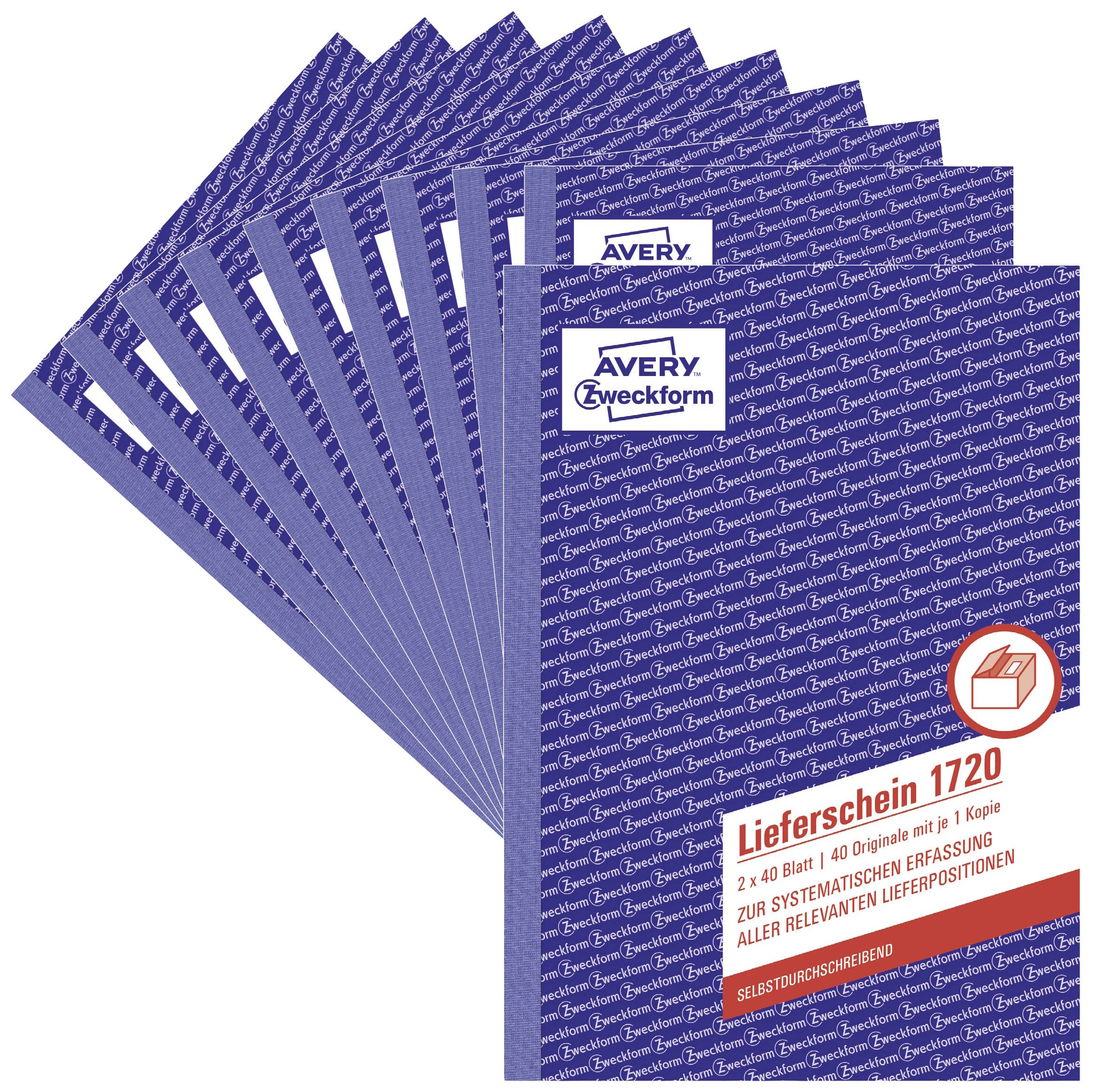 Dix livres de bons de livraison bleus de Avery Zweckform disposés en éventail, chaque livre contenant 40 feuilles pour bons de livraison.
