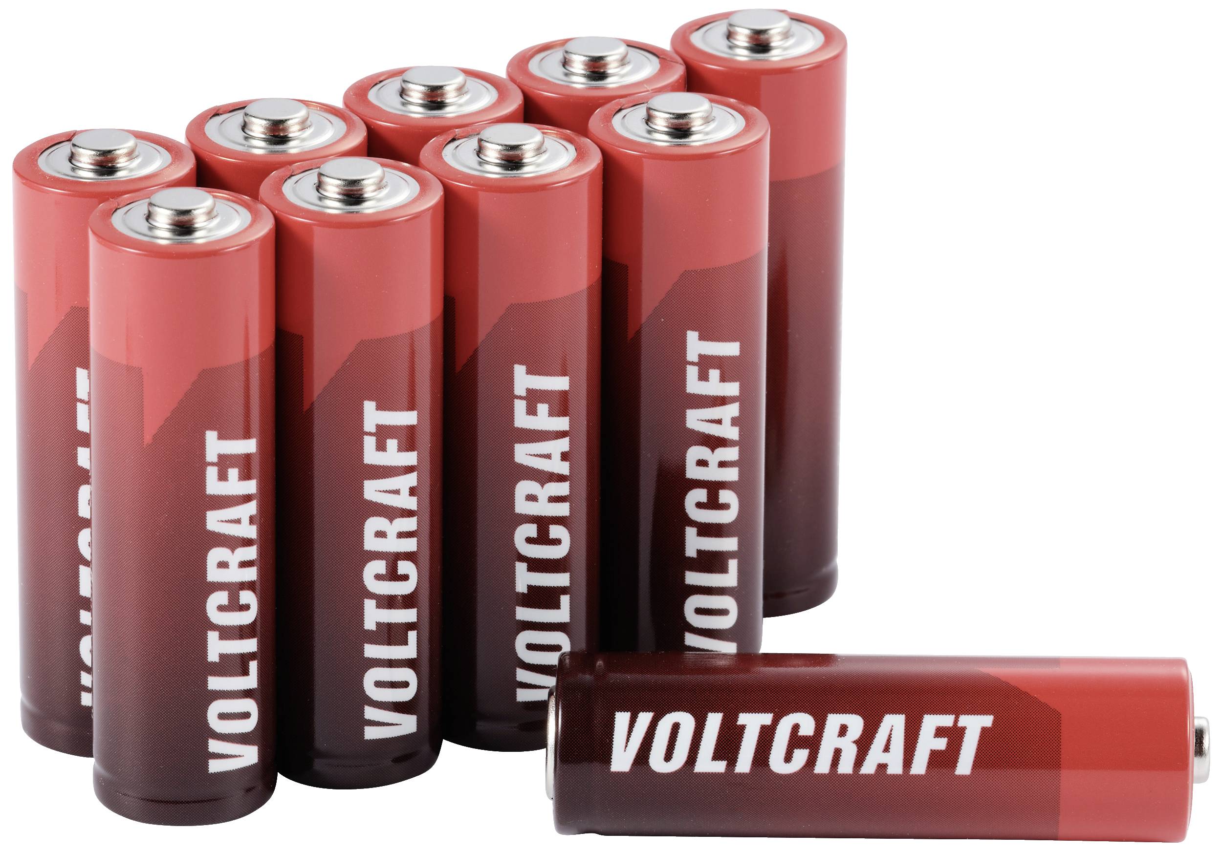 Dix piles cylindriques rouges portant l'inscription 'Voltcraft' sont alignées côte à côte, une autre étant placée devant.