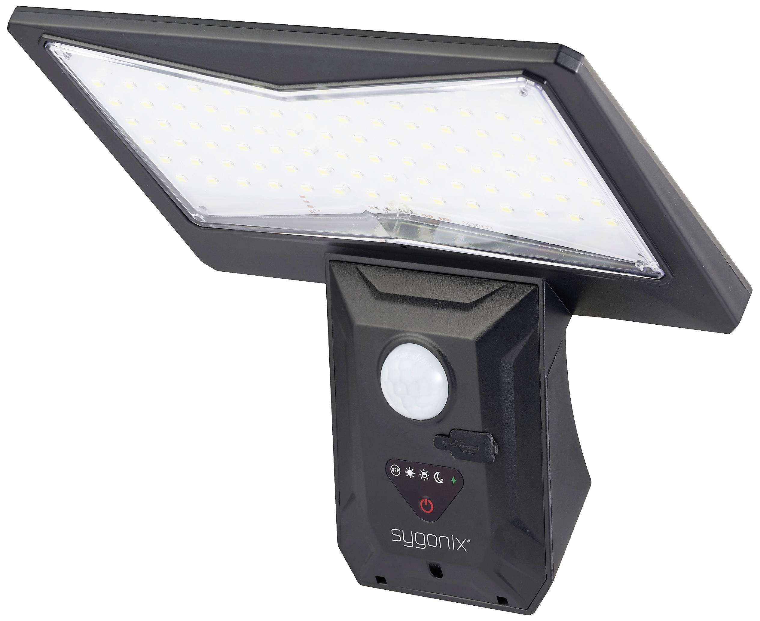 Une lampe de sécurité LED noire avec détecteur de mouvement et commande intégrée. Nom de marque 'Sygonix' sur la face avant.