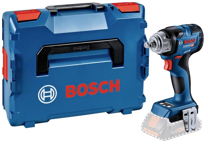 Visseuse à chocs sans fil Bosch à côté d'un coffret de transport bleu avec le logo rouge de Bosch.