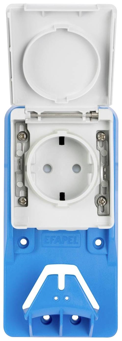 Prise électrique extérieure avec couvercle bleu, ouverte. Classe de protection IP44, adaptée aux zones humides. Deux connexions dans la prise.