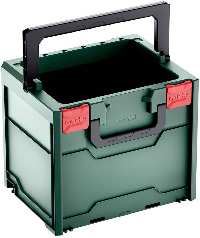 Caisse de rangement en plastique vert avec ouverture supérieure et poignée de transport noire, présentée dans une vue de style produit avec des loquets rouges et des panneaux latéraux.