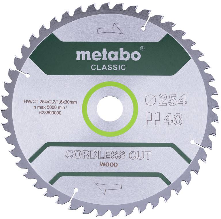 Lame de scie circulaire 'metabo Classic' pour couper le bois sans fil, ø 254 mm, 48 dents, max. 5000 tr/min, HW/CT 254x2,1x30 mm.