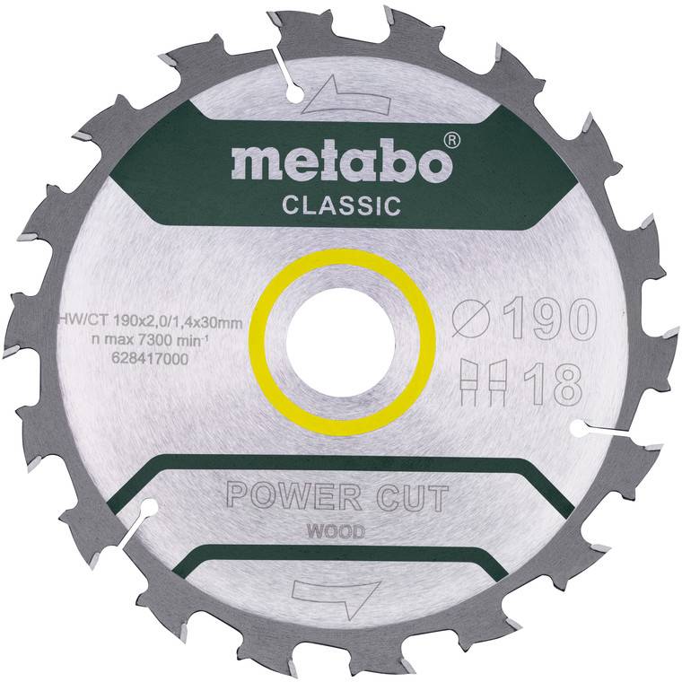 Lame de scie circulaire Metabo Classic pour couper le bois avec trou central surligné en jaune et diamètre imprimé de 190 et 18 dents.